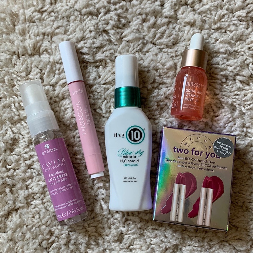 Set of haircare, rose oil, + lip products